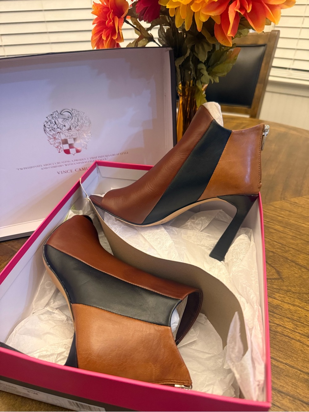 Vince Camuto Brown and Black Leather Pointed Stiletto Ankle Booties
